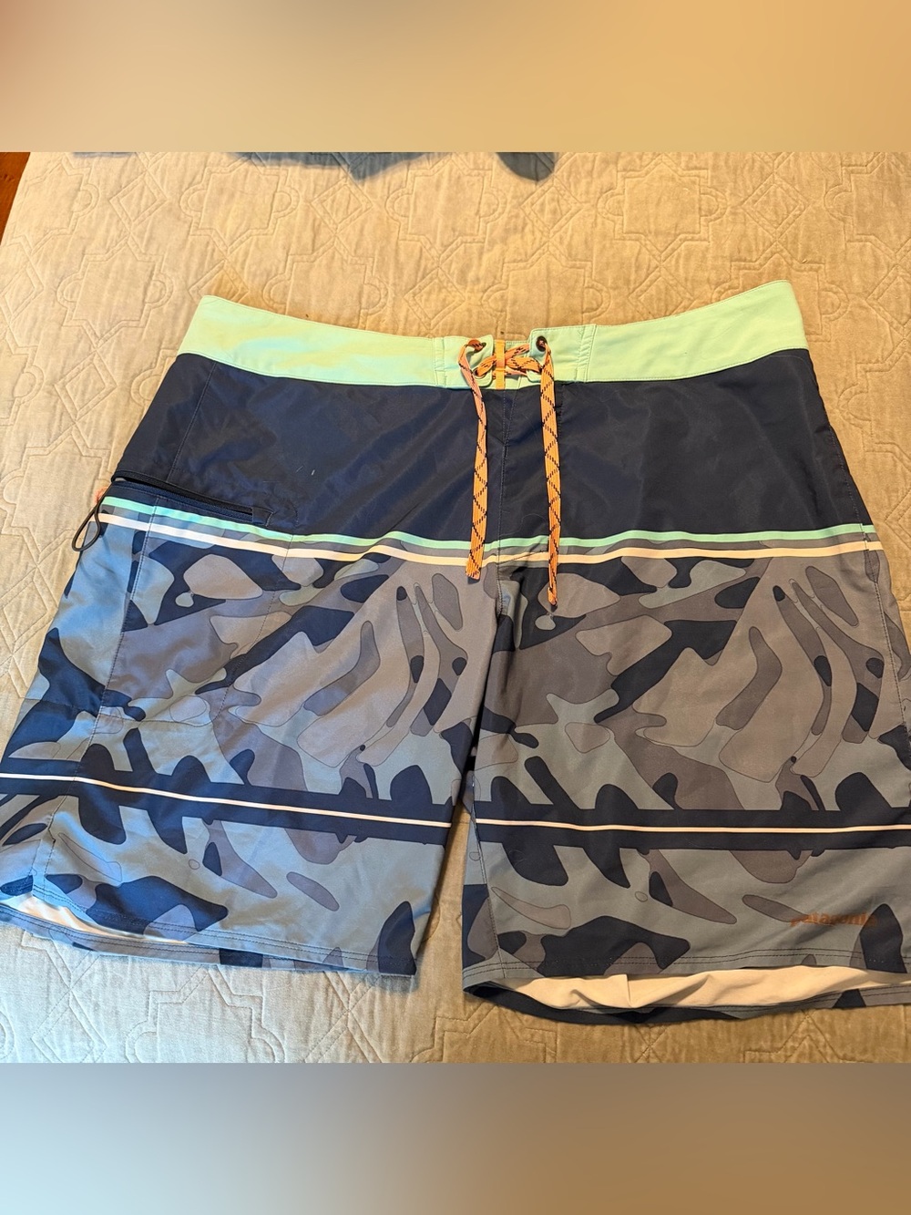 Patagonia Navy and Gray Camo Board Shorts with Lime Waistband